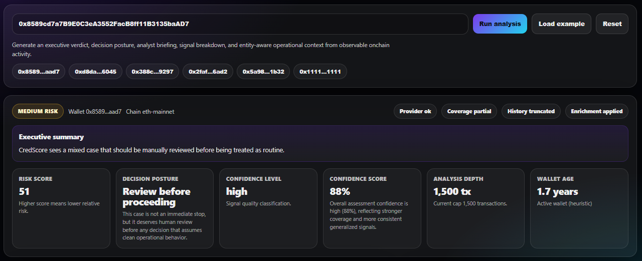 CredScore Analyst Desk wallet analysis showing risk score, decision posture, briefing language, and supporting context